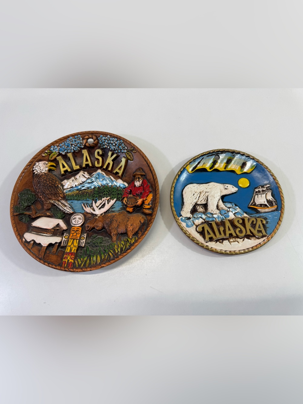 Vintage Alaska souvenir plates moose bald eagle polar bear decor wall hanging